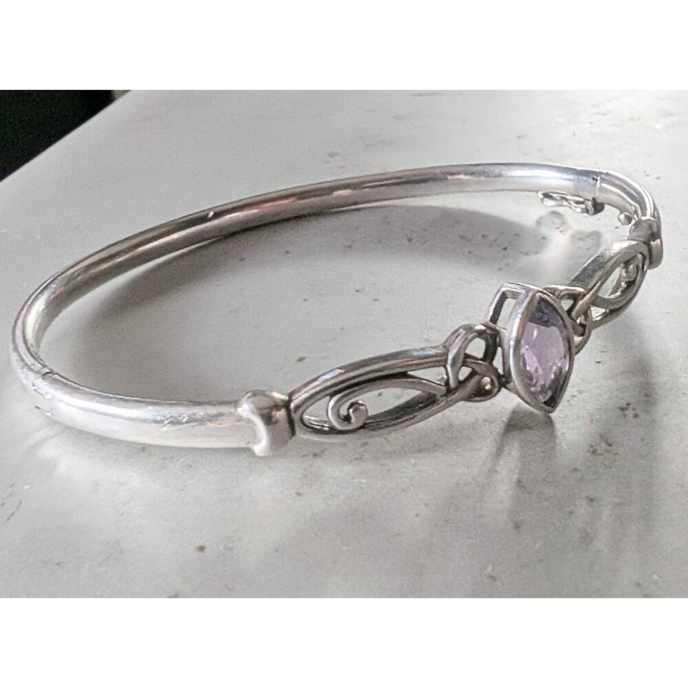 Vintage Sterling Silver 925 Celtic Knot Marquise Purple Stone Bangle 10g